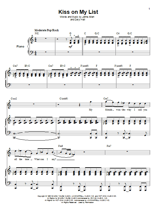 Hall & Oates Kiss On My List sheet music notes and chords. Download Printable PDF.