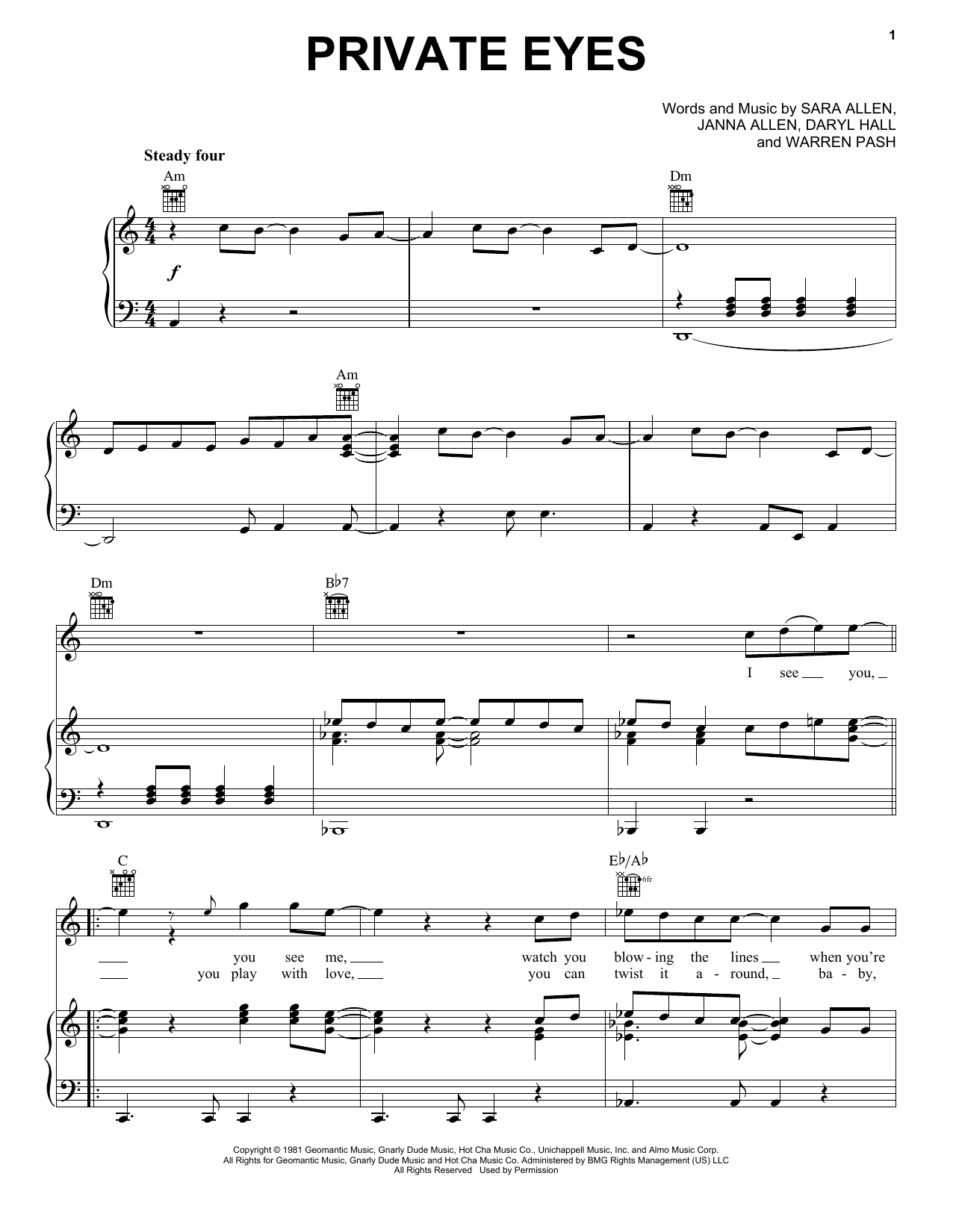 Hall & Oates Private Eyes sheet music notes and chords. Download Printable PDF.