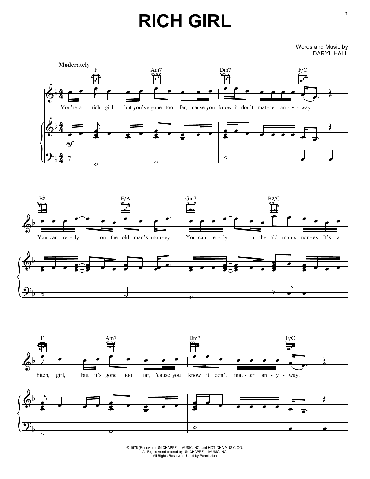 Learn to play Hall & Oates Rich Girl sheet music for Piano, Vocal & Guitar Chords (Right-Hand Melody) in minutes. Price: 7.8900$ Hall & Oates Rich Girl sheet music notes and chords arranged for Piano, Vocal & Guitar Chords (Right-Hand Melody)