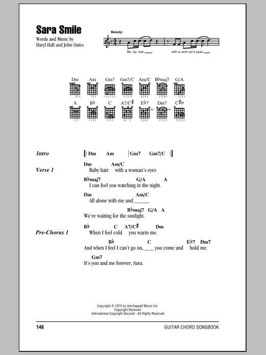 Hall & Oates Sara Smile sheet music notes and chords. Download Printable PDF.