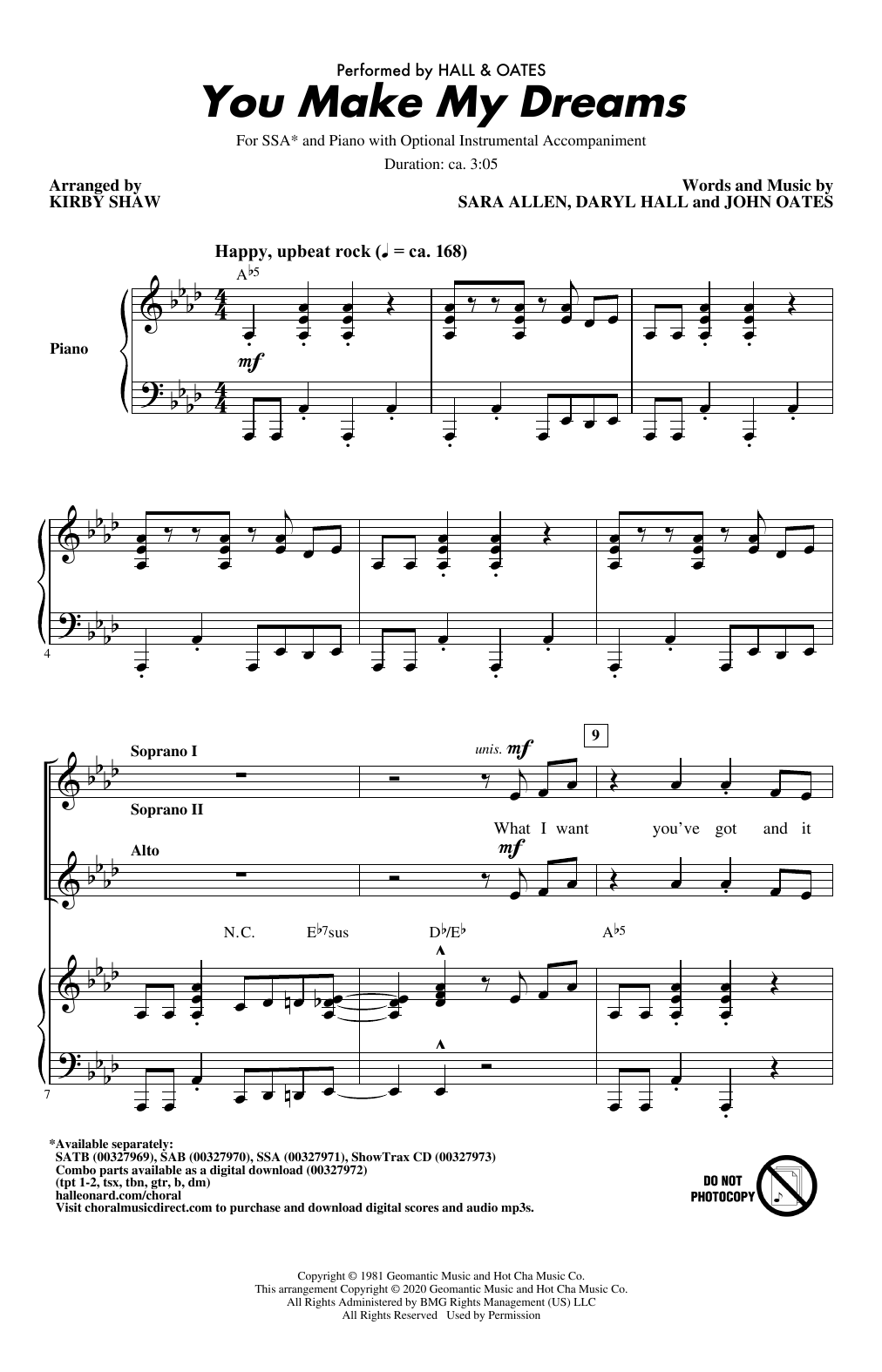 Hall & Oates You Make My Dreams (arr. Kirby Shaw) sheet music notes and chords. Download Printable PDF.