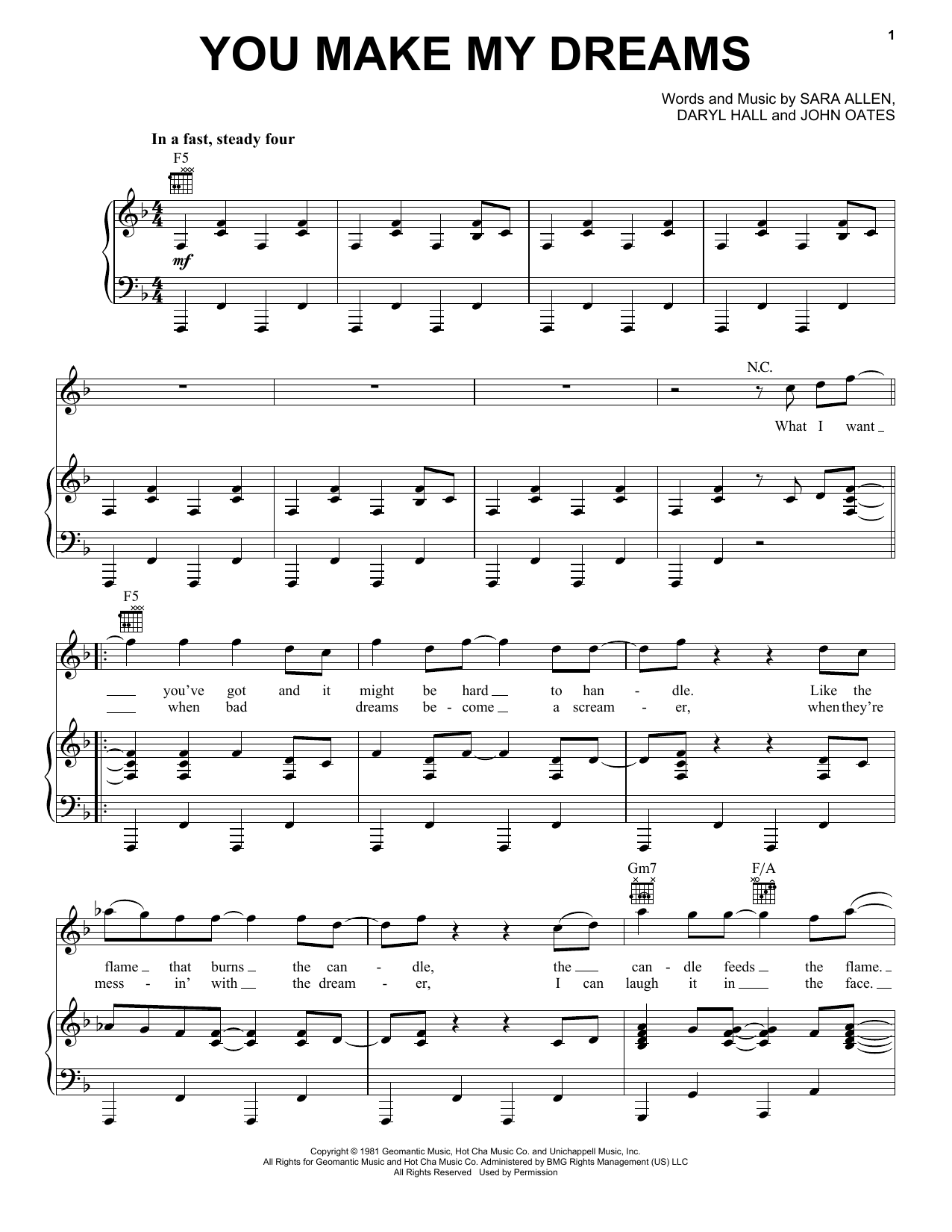 Learn to play Hall & Oates You Make My Dreams sheet music for Piano, Vocal & Guitar Chords (Right-Hand Melody) in minutes. Price: 7.8900$ Hall & Oates You Make My Dreams sheet music notes and chords arranged for Piano, Vocal & Guitar Chords (Right-Hand Melody)