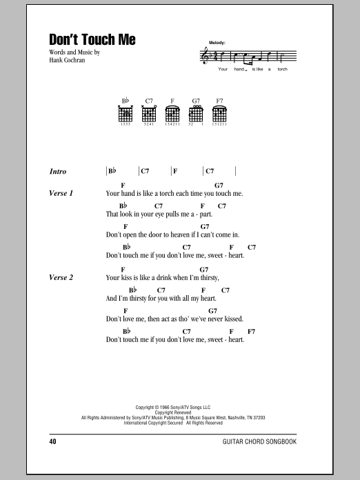 Hank Cochran Don't Touch Me sheet music notes and chords. Download Printable PDF.