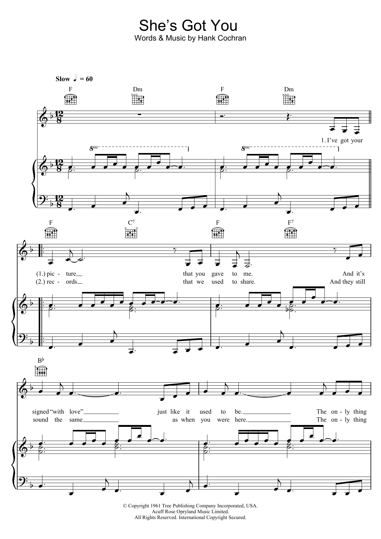 Hank Cochran She's Got You sheet music notes and chords arranged for Piano, Vocal & Guitar Chords