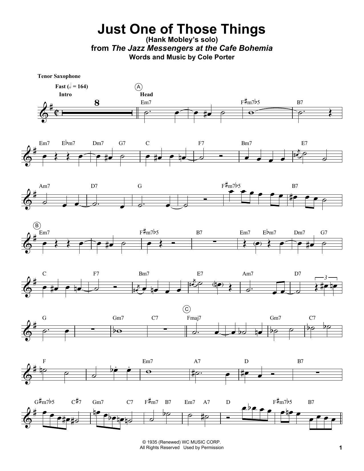 Hank Mobley Just One Of Those Things sheet music notes and chords. Download Printable PDF.