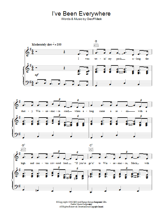 Learn to play Hank Snow I've Been Everywhere sheet music for Piano, Vocal & Guitar Chords in minutes. Price: 7.8900$ Hank Snow I've Been Everywhere sheet music notes and chords arranged for Piano, Vocal & Guitar Chords