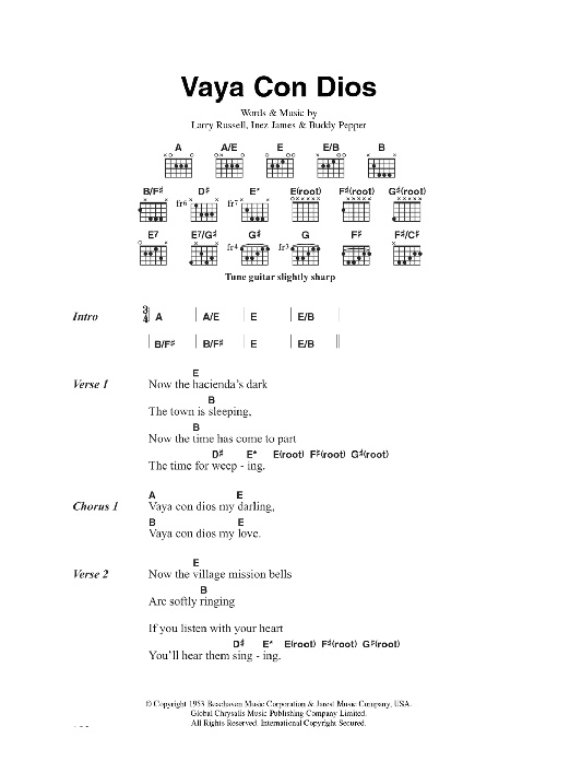 Learn to play Hank Snow Vaya Con Dios sheet music for Guitar Chords/Lyrics in minutes. Price: 4.4900$ Hank Snow Vaya Con Dios sheet music notes and chords arranged for Guitar Chords/Lyrics