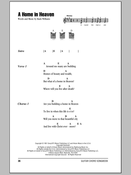 Hank Williams A Home In Heaven sheet music notes and chords. Download Printable PDF.