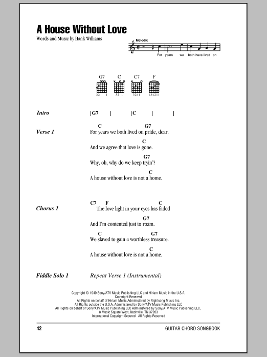 Hank Williams A House Without Love sheet music notes and chords. Download Printable PDF.