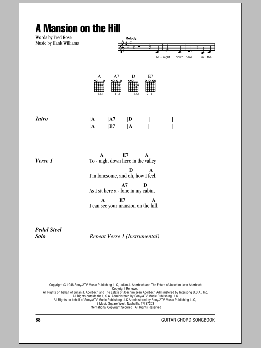 Hank Williams A Mansion On The Hill sheet music notes and chords. Download Printable PDF.