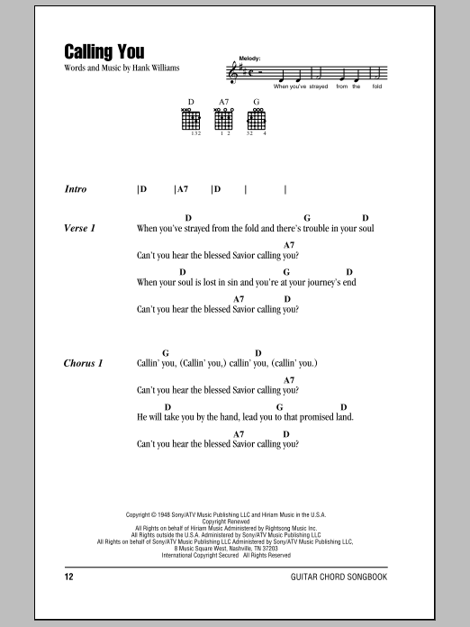 Hank Williams Calling You sheet music notes and chords. Download Printable PDF.