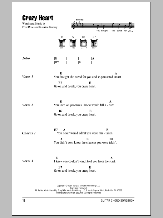 Learn to play Hank Williams Crazy Heart sheet music for Guitar Chords/Lyrics in minutes. Price: 4.4900$ Hank Williams Crazy Heart sheet music notes and chords arranged for Guitar Chords/Lyrics