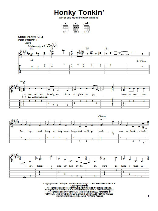 Hank Williams Honky Tonkin' sheet music notes and chords. Download Printable PDF.