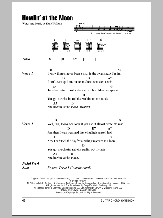 Hank Williams Howlin' At The Moon sheet music notes and chords. Download Printable PDF.