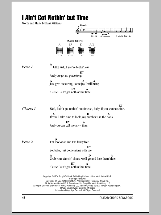 Hank Williams I Ain't Got Nothing But Time sheet music notes and chords. Download Printable PDF.