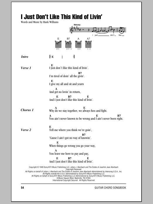 Hank Williams I Just Don't Like This Kind Of Livin' sheet music notes and chords. Download Printable PDF.