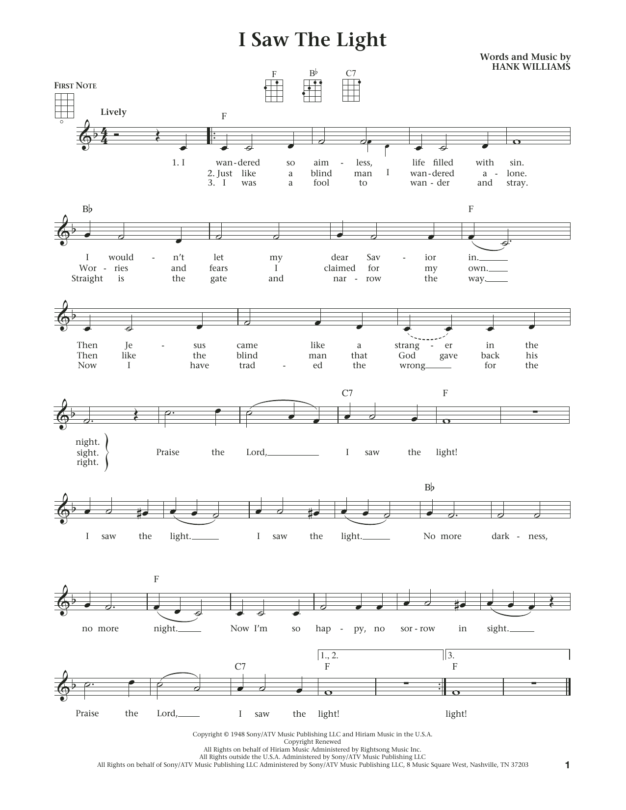 Hank Williams I Saw The Light (from The Daily Ukulele) (arr. Liz and Jim Beloff) sheet music notes and chords arranged for Ukulele