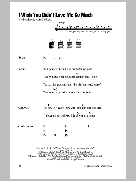 Hank Williams I Wish You Didn't Love Me So Much sheet music notes and chords. Download Printable PDF.