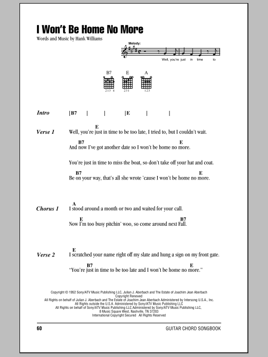 Hank Williams I Won't Be Home No More sheet music notes and chords. Download Printable PDF.