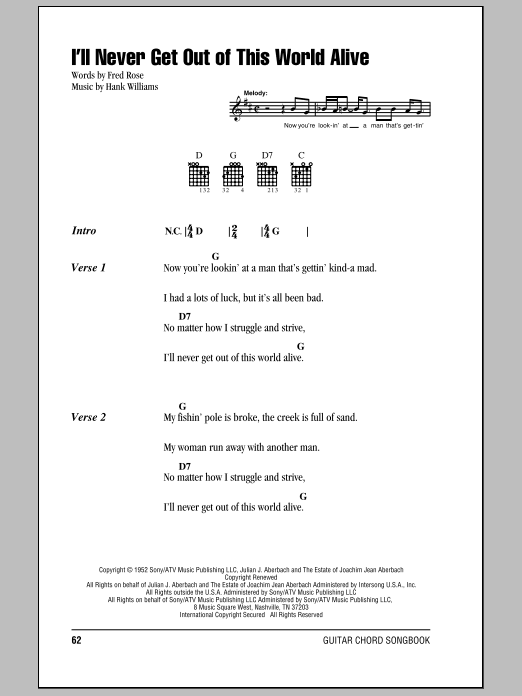 Hank Williams I'll Never Get Out Of This World Alive sheet music notes and chords. Download Printable PDF.