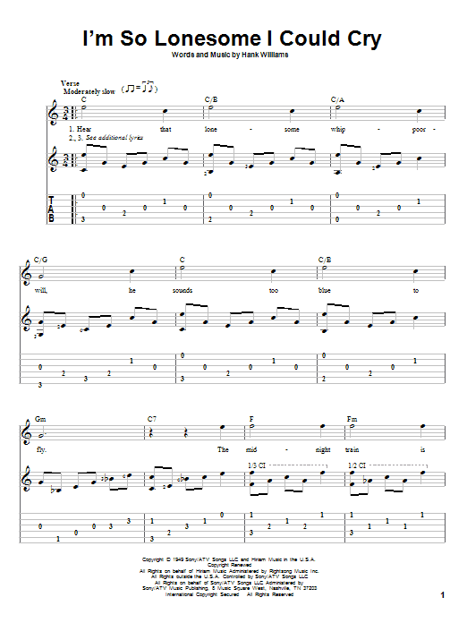 Hank Williams I'm So Lonesome I Could Cry sheet music notes and chords. Download Printable PDF.