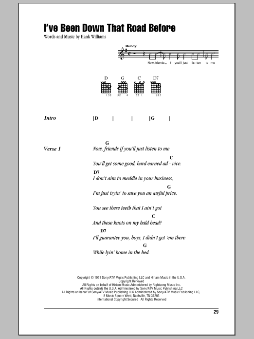 Hank Williams I've Been Down That Road Before sheet music notes and chords. Download Printable PDF.