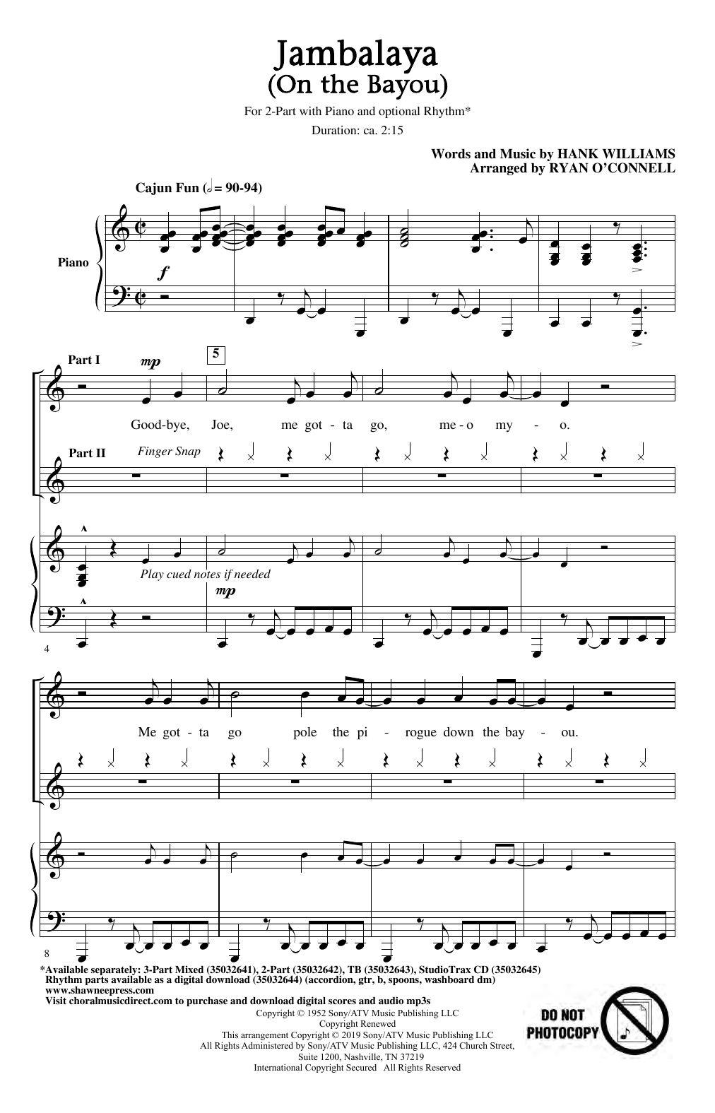 Learn to play Hank Williams Jambalaya (On The Bayou) (arr. Ryan O'Connell) sheet music for 2-Part Choir in minutes. Price: 3.9900$ Hank Williams Jambalaya (On The Bayou) (arr. Ryan O'Connell) sheet music notes and chords arranged for 2-Part Choir