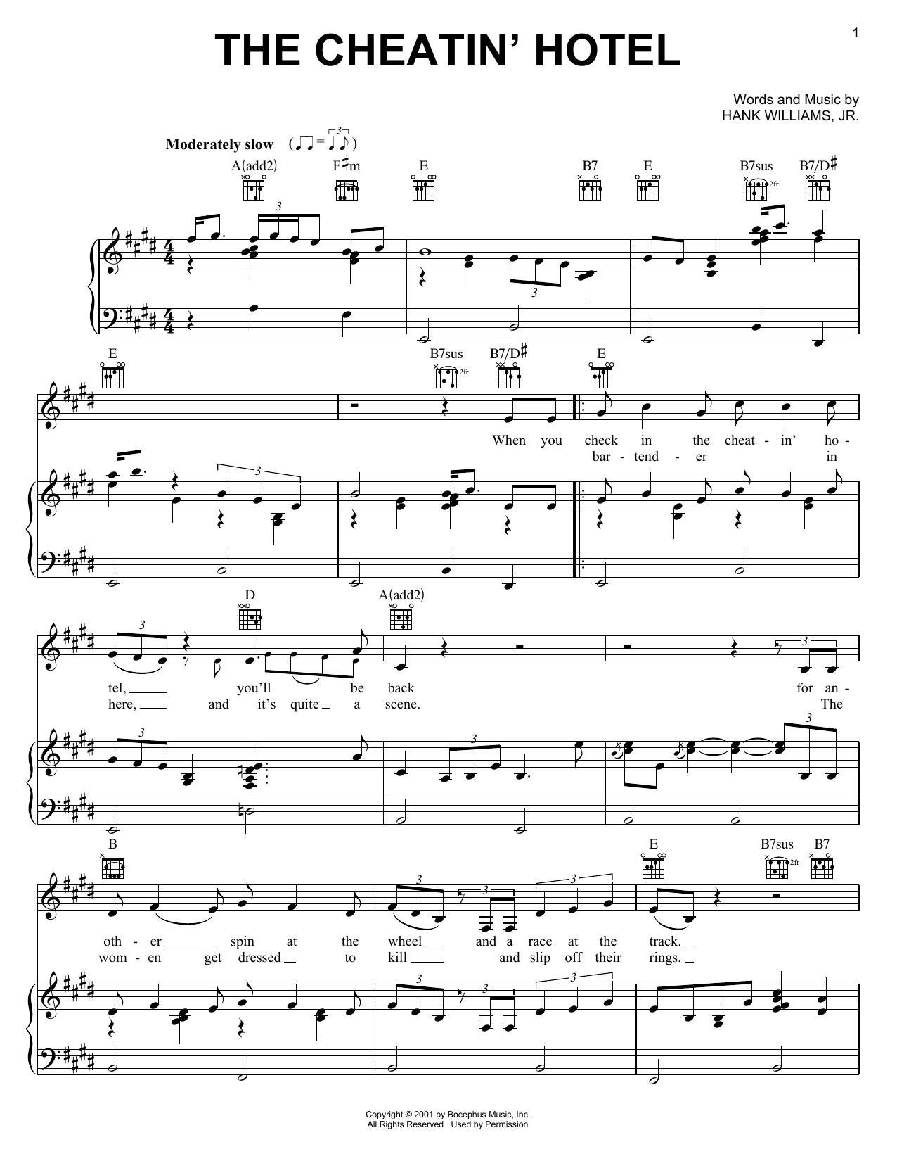 Learn to play Hank Williams, Jr. The Cheatin' Hotel sheet music for Piano, Vocal & Guitar Chords (Right-Hand Melody) in minutes. Price: 7.8900$ Hank Williams, Jr. The Cheatin' Hotel sheet music notes and chords arranged for Piano, Vocal & Guitar Chords (Right-Hand Melody)