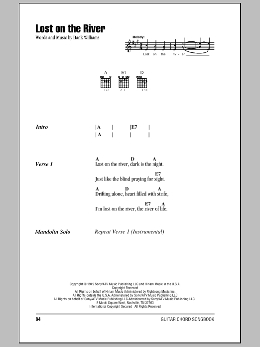 Hank Williams Lost On The River sheet music notes and chords. Download Printable PDF.