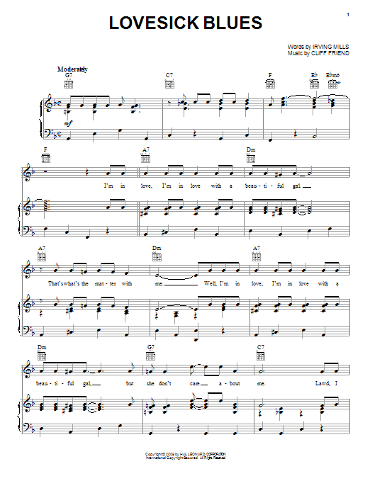 Hank Williams Lovesick Blues sheet music notes and chords. Download Printable PDF.