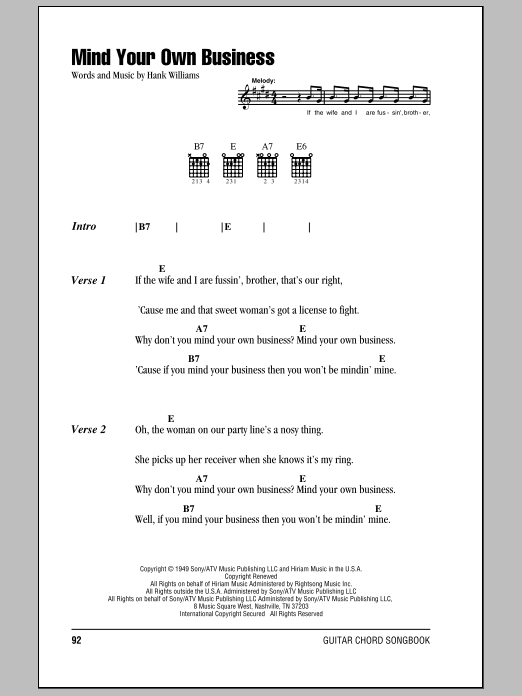 Hank Williams Mind Your Own Business sheet music notes and chords. Download Printable PDF.