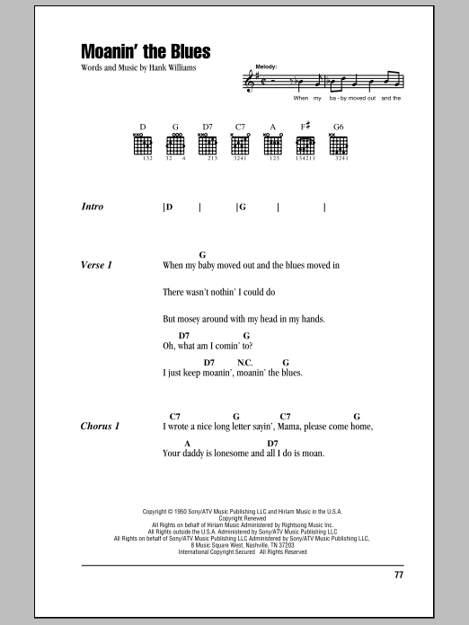 Hank Williams Moanin' The Blues sheet music notes and chords. Download Printable PDF.