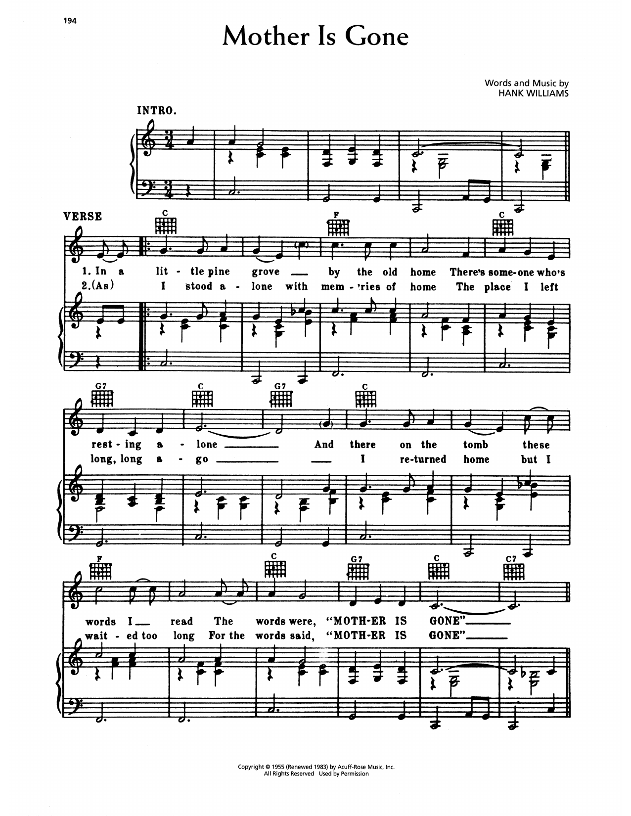 Learn to play Hank Williams Mother Is Gone sheet music for Piano, Vocal & Guitar Chords (Right-Hand Melody) in minutes. Price: 7.8900$ Hank Williams Mother Is Gone sheet music notes and chords arranged for Piano, Vocal & Guitar Chords (Right-Hand Melody)