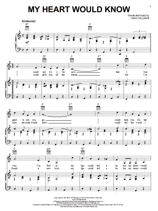 Learn to play Hank Williams My Heart Would Know sheet music for Piano, Vocal & Guitar Chords (Right-Hand Melody) in minutes. Price: 7.8900$ Hank Williams My Heart Would Know sheet music notes and chords arranged for Piano, Vocal & Guitar Chords (Right-Hand Melody)