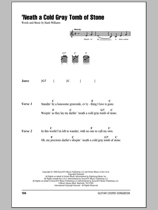 Hank Williams 'Neath A Cold Gray Tomb Of Stone sheet music notes and chords arranged for Guitar Chords/Lyrics