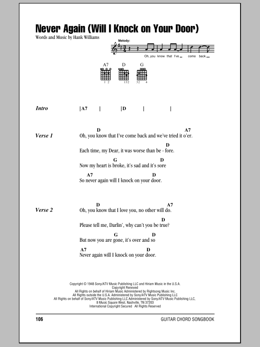 Hank Williams Never Again (Will I Knock On Your Door) sheet music notes and chords. Download Printable PDF.