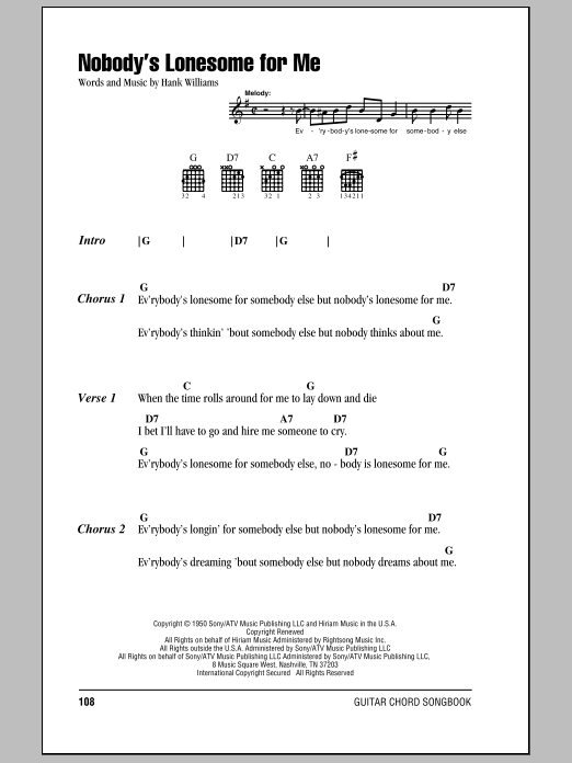 Hank Williams Nobody's Lonesome For Me sheet music notes and chords. Download Printable PDF.