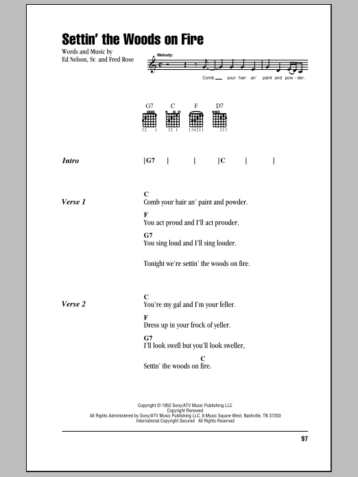 Hank Williams Settin' The Woods On Fire sheet music notes and chords. Download Printable PDF.