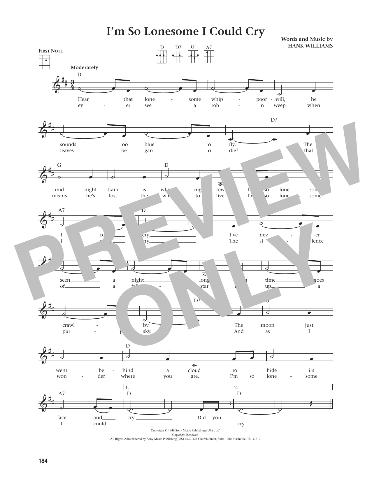 Hank Williams, Sr. I'm So Lonesome I Could Cry (from The Daily Ukulele) (arr. Jim Beloff) sheet music notes and chords. Download Printable PDF.