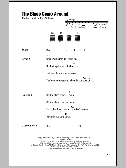 Hank Williams The Blues Come Around sheet music notes and chords. Download Printable PDF.