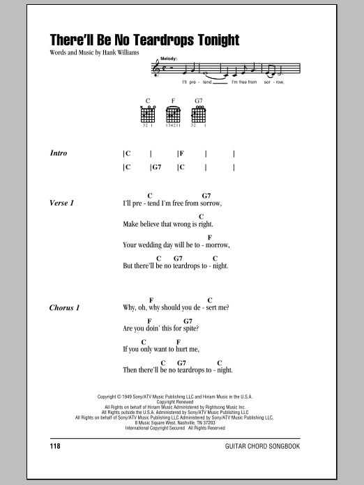 Learn to play Hank Williams There'll Be No Teardrops Tonight sheet music for Piano, Vocal & Guitar Chords (Right-Hand Melody) in minutes. Price: 7.8900$ Hank Williams There'll Be No Teardrops Tonight sheet music notes and chords arranged for Piano, Vocal & Guitar Chords (Right-Hand Melody)