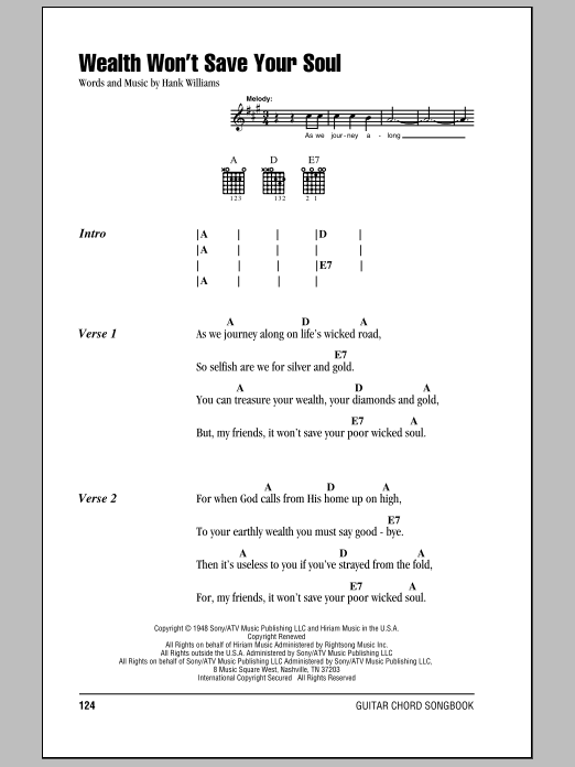 Hank Williams Wealth Won't Save Your Soul sheet music notes and chords. Download Printable PDF.