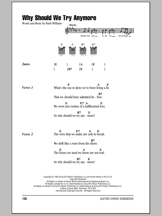 Hank Williams Why Should We Try Anymore sheet music notes and chords. Download Printable PDF.