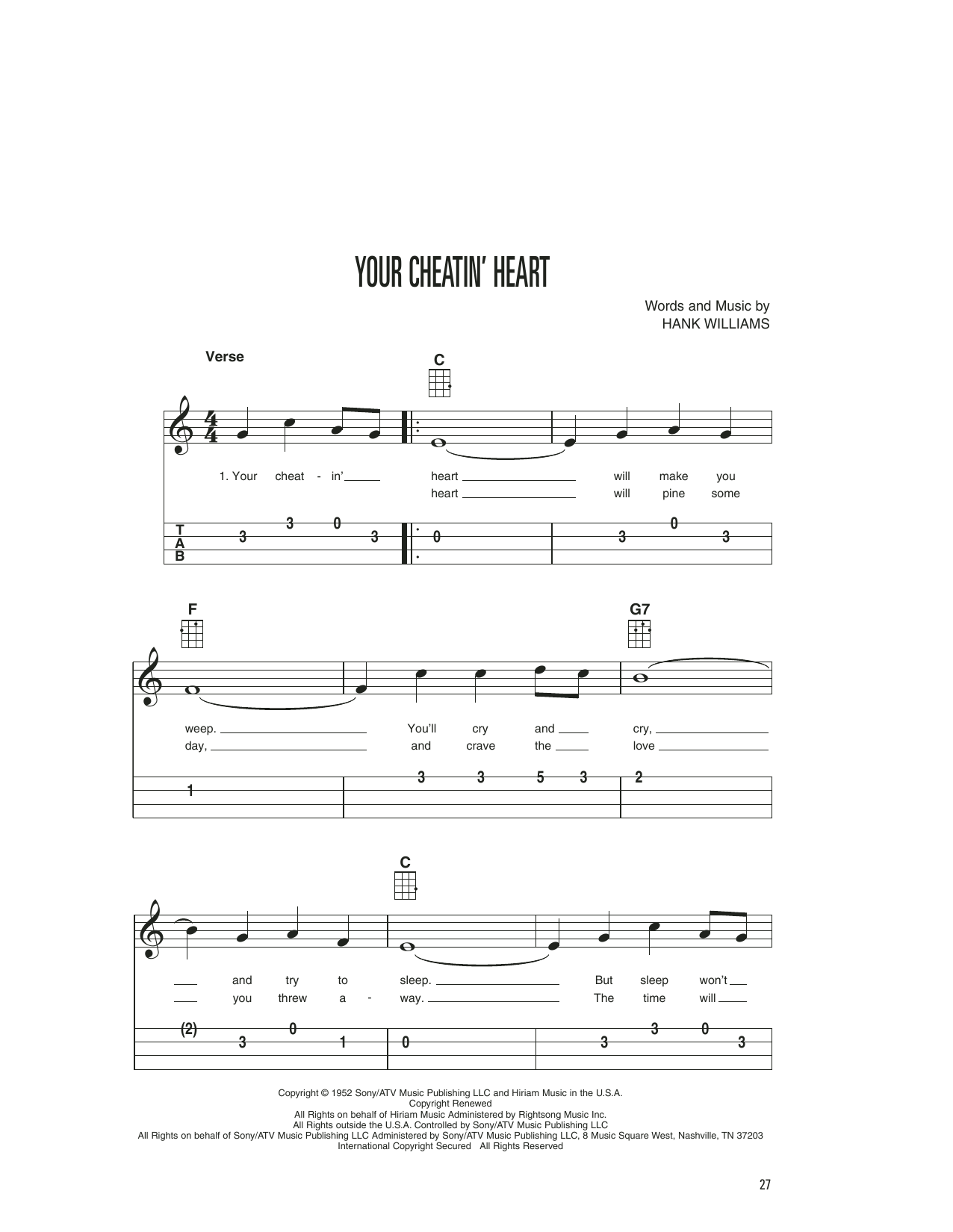 Hank Williams Your Cheatin' Heart sheet music notes and chords. Download Printable PDF.