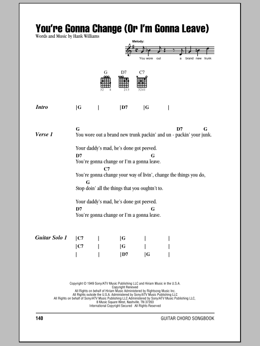 Hank Williams You're Gonna Change (Or I'm Gonna Leave) sheet music notes and chords. Download Printable PDF.