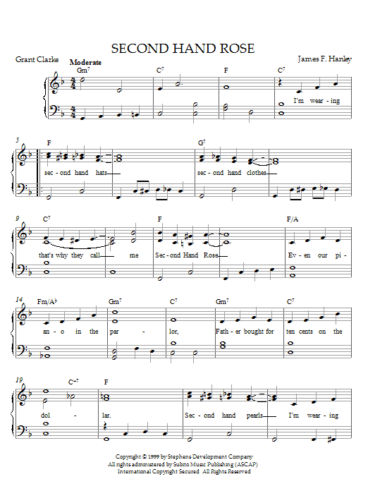 Learn to play James F. Hanley Second Hand Rose (from Second Avenue) sheet music for Piano Solo in minutes. Price: 7.8900$ James F. Hanley Second Hand Rose (from Second Avenue) sheet music notes and chords arranged for Piano Solo