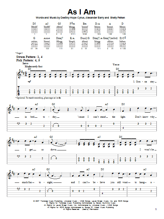 Hannah Montana As I Am sheet music notes and chords. Download Printable PDF.