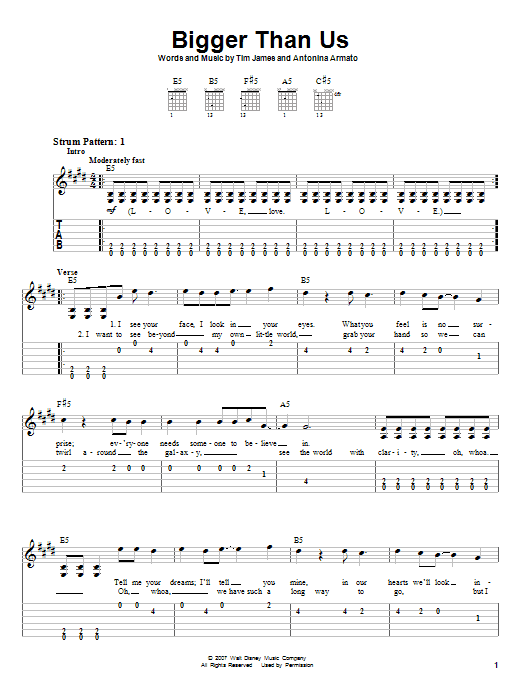 Hannah Montana Bigger Than Us sheet music notes and chords. Download Printable PDF.