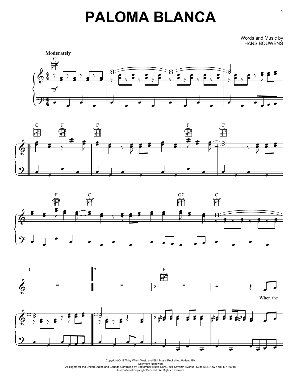 Hans Bouwens Paloma Blanca sheet music notes and chords. Download Printable PDF.