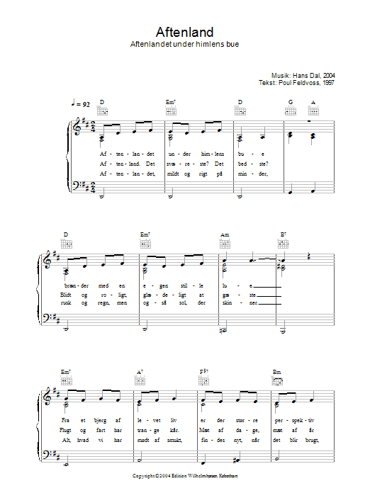 Hans Dal Aftenland - Aftenlandet Under Himlens Bue sheet music notes and chords arranged for Piano, Vocal & Guitar Chords